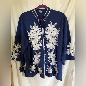 Vintage blue and white embroidered Hawaiian shirt